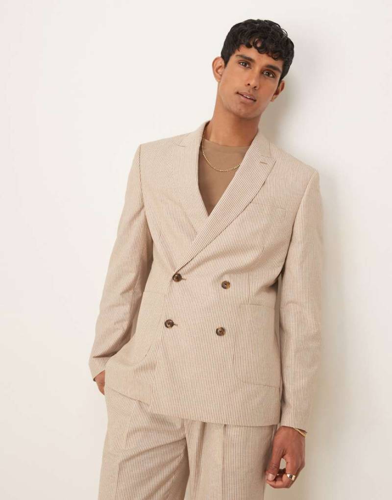 ASOS DESIGN - Slim-Fit-Anzugjacke aus Leinen in gestreiftem Steinbeige-Neutral von ASOS DESIGN
