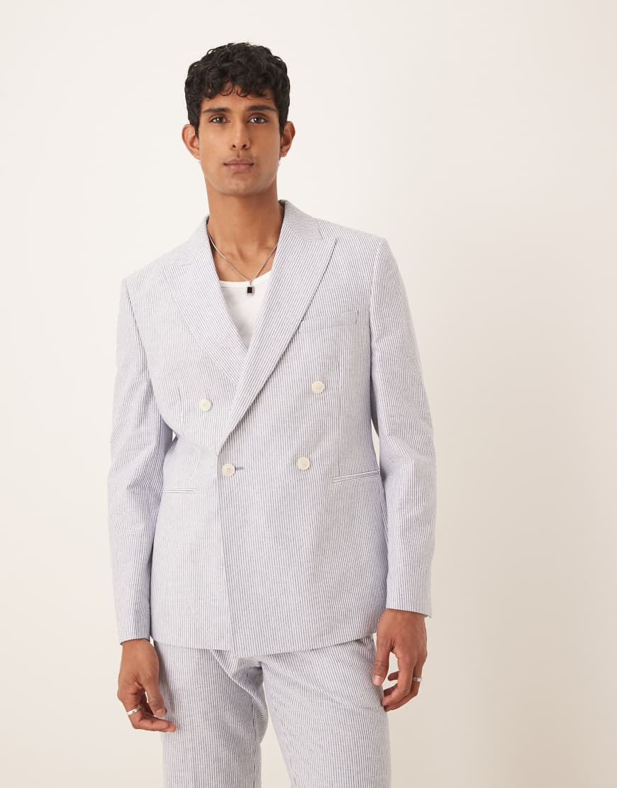 ASOS DESIGN - Slim-Fit-Anzugjacke aus Leinenmix in Blau mit Nadelstreifen von ASOS DESIGN