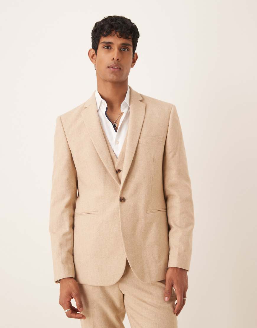 ASOS DESIGN - Slim-Fit-Anzugjacke aus Wollmix in Kamelbraun-Neutral von ASOS DESIGN
