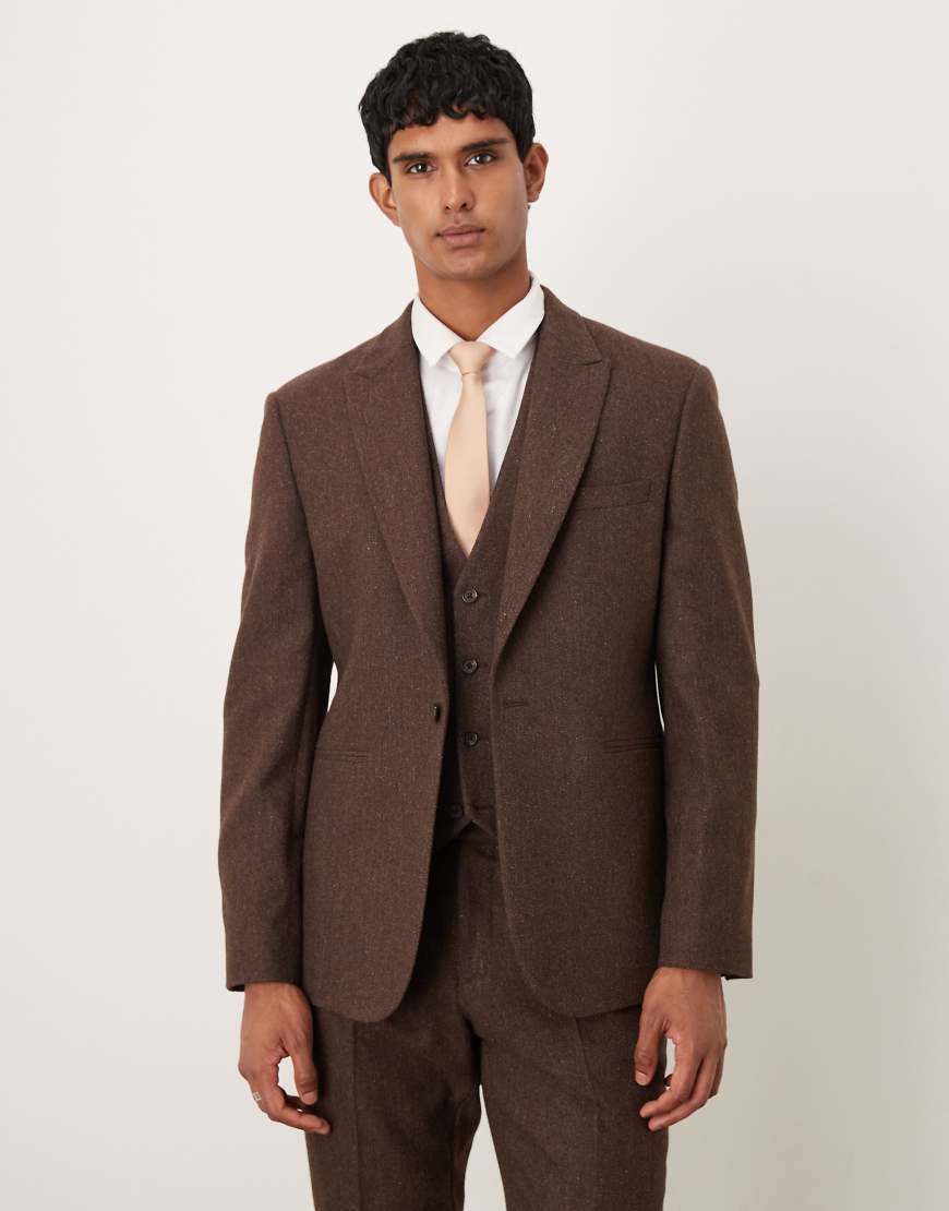 ASOS DESIGN - Slim-Fit-Anzugjacke in Braun mit Fischgrätmuster aus Wollmix-Brown von ASOS DESIGN