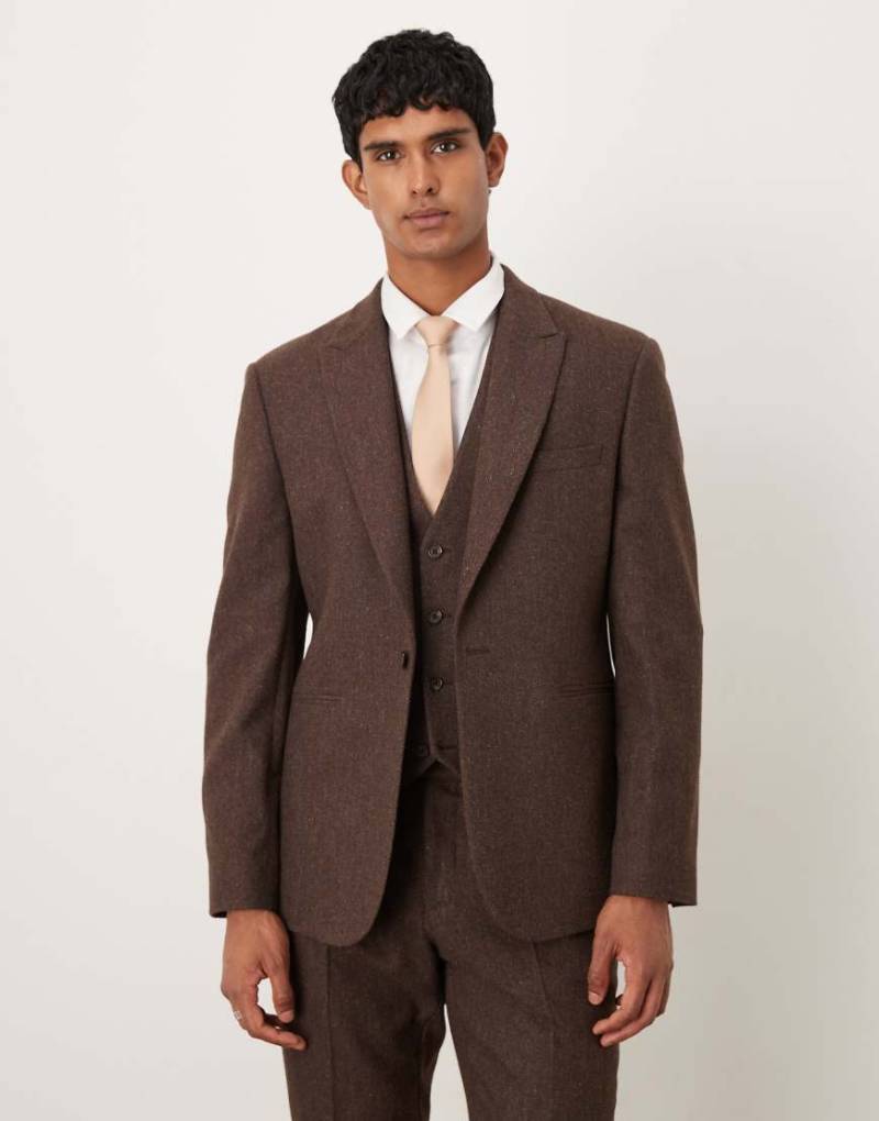 ASOS DESIGN - Slim-Fit-Anzugjacke in Braun mit Fischgrätmuster aus Wollmix-Brown von ASOS DESIGN