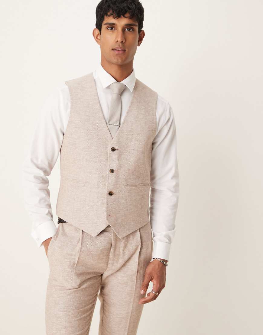 ASOS DESIGN - Slim Fit Anzugweste in Braun aus Leinen-Baumwollmix mit Fischgrätmuster von ASOS DESIGN