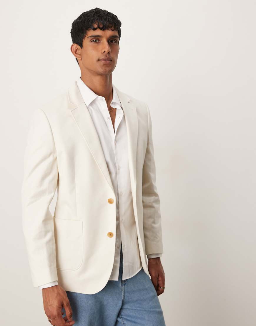 ASOS DESIGN - Slim-Fit-Blazer aus Baumwoll-Leinenmix in Ecru-Weiß von ASOS DESIGN