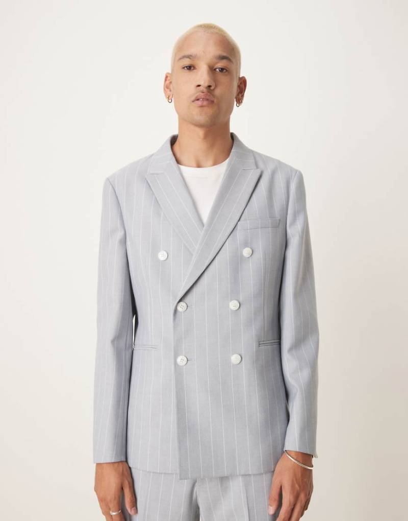 ASOS DESIGN - Slim Fit Nadelstreifen-Anzugjacke in Blau mit Leinenanteil von ASOS DESIGN