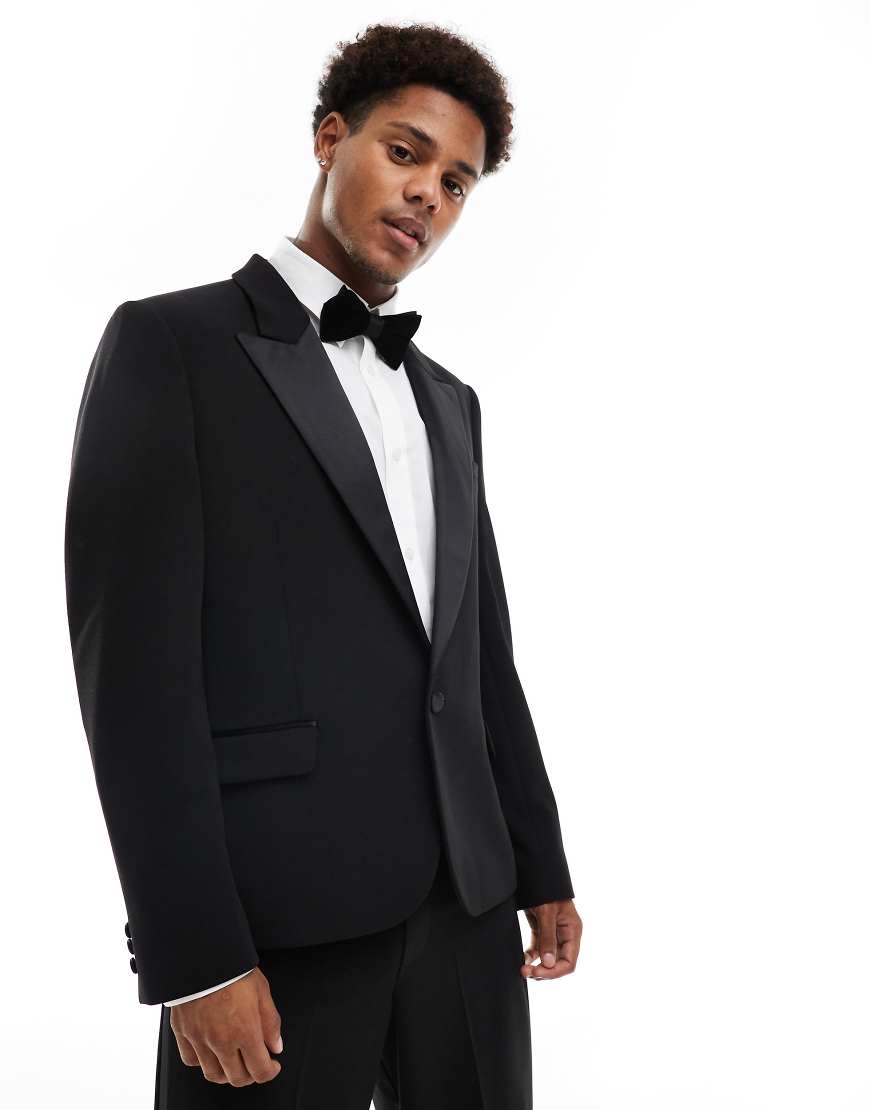 ASOS DESIGN - Slim-Fit-Smokingjacke in Schwarz mit Satin-Revers von ASOS DESIGN