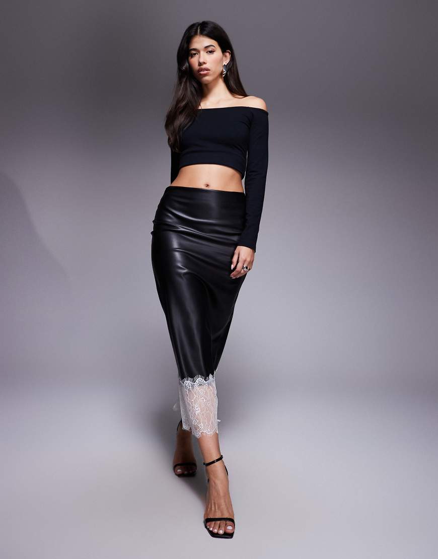 ASOS DESIGN - Slip-PU-Rock in Schwarz mit niedrigem Bund und Spitzenbesatz am Saum von ASOS DESIGN