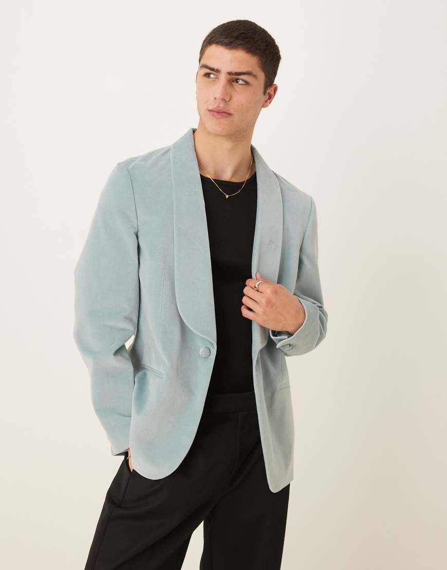 ASOS DESIGN - Sommerlich leichter Slim-Fit-Blazer aus Baumwoll-Samt in Staubblau-Grün von ASOS DESIGN