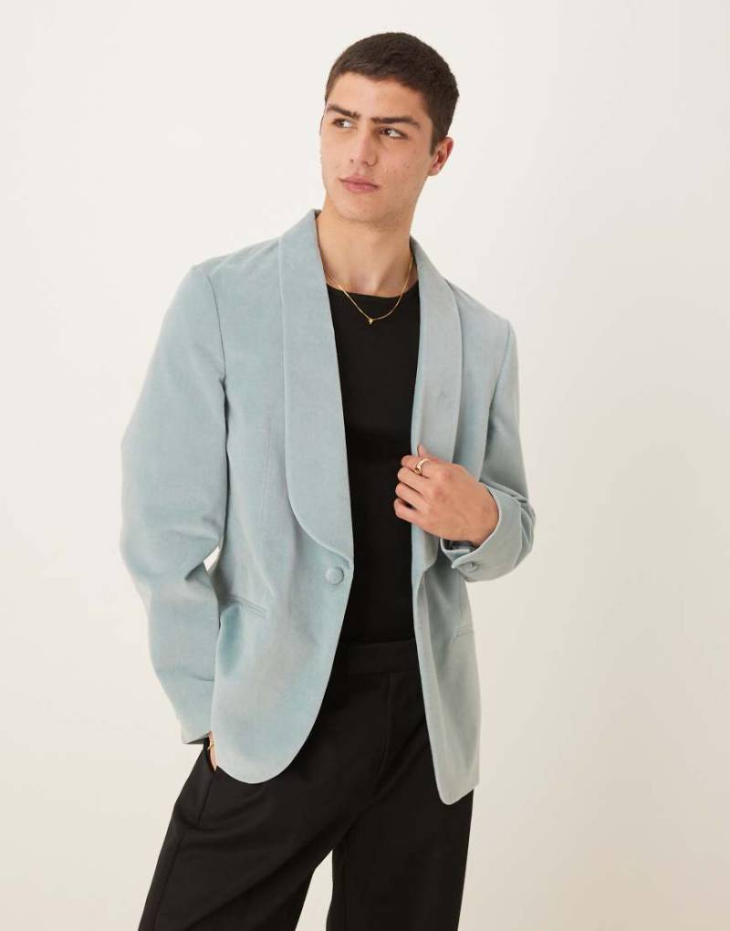 ASOS DESIGN - Sommerlich leichter Slim-Fit-Blazer aus Baumwoll-Samt in Staubblau-Grün von ASOS DESIGN