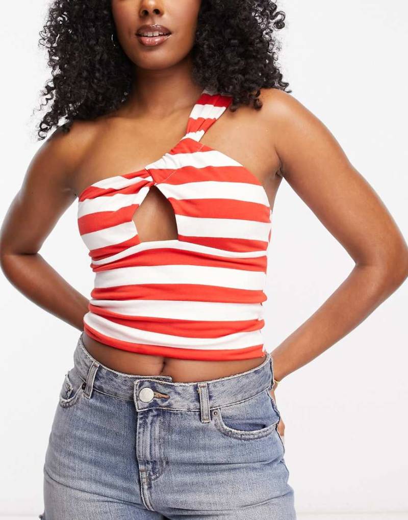ASOS DESIGN - Sommerliches Oberteil mit Zierknoten vorne und One-Shoulder-Träger in Rot-Weiß gestreift-Bunt von ASOS DESIGN