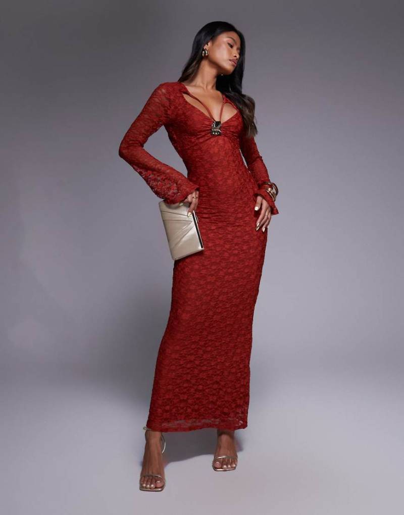 ASOS DESIGN - Spitzen-Maxikleid in Rot mit Trompetenärmeln und Cut-out vorne von ASOS DESIGN