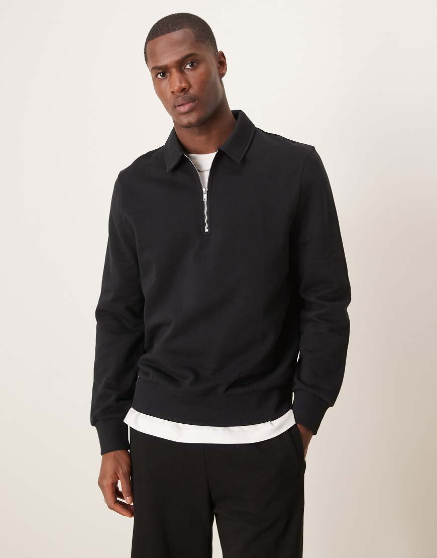ASOS DESIGN - Standard Fit Sweatshirt in Schwarz mit kurzem Reißverschluss und Kragen ASOS DESIGN - Standard Fit Sweatshirt in Schwarz mit kurzem Reißverschluss und Kragen von ASOS DESIGN