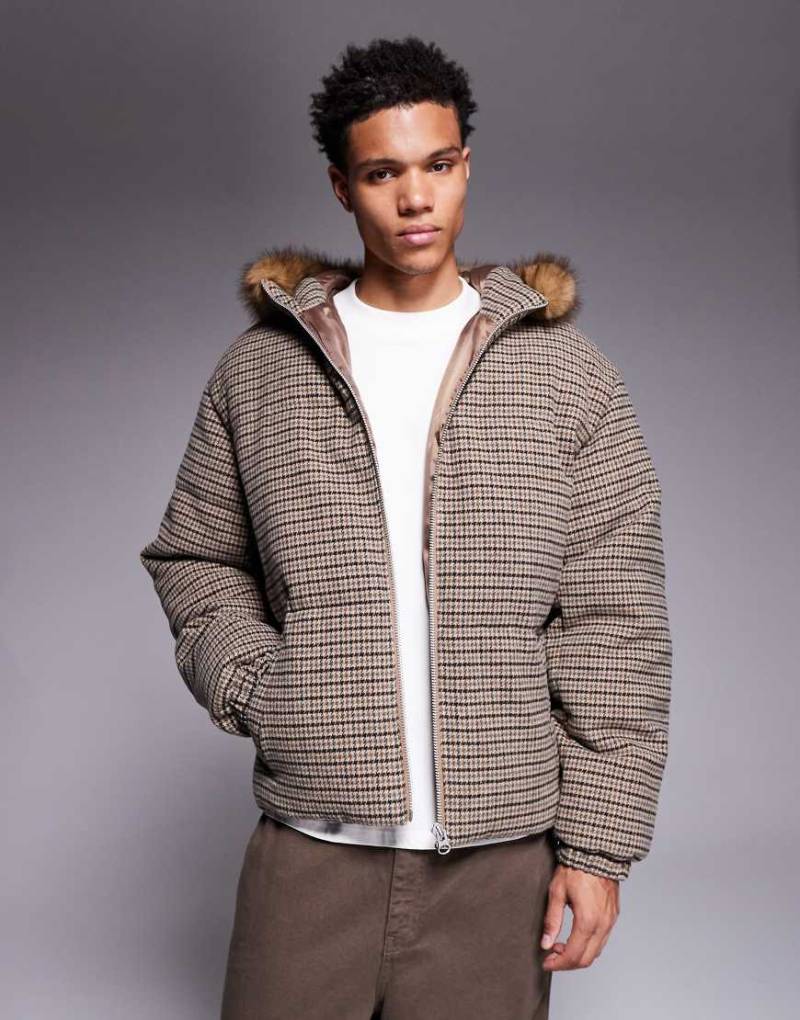 ASOS DESIGN - Steppjacke in Heritage-Karo mit Kunstpelzbesatz-Brown von ASOS DESIGN