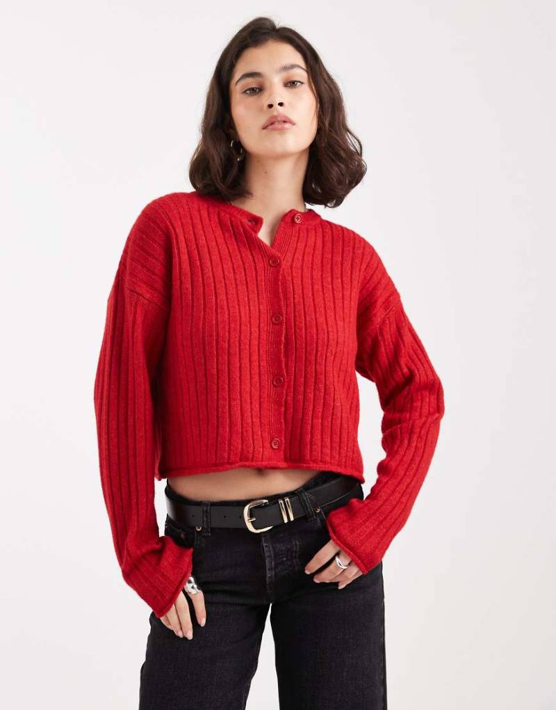 ASOS DESIGN - Strickjacke aus breitem Rippstrick in Rot mit Rollsaum-Grün von ASOS DESIGN