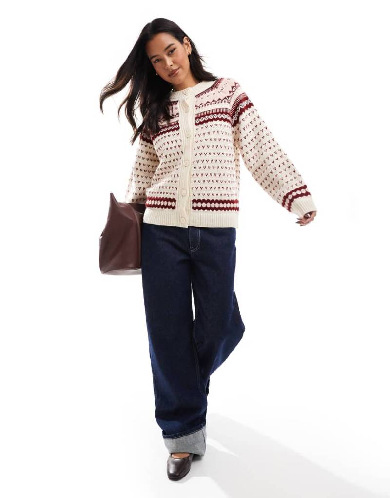 ASOS DESIGN - Strickjacke in Cremeweiß mit Norwegermuster-Bunt von ASOS DESIGN