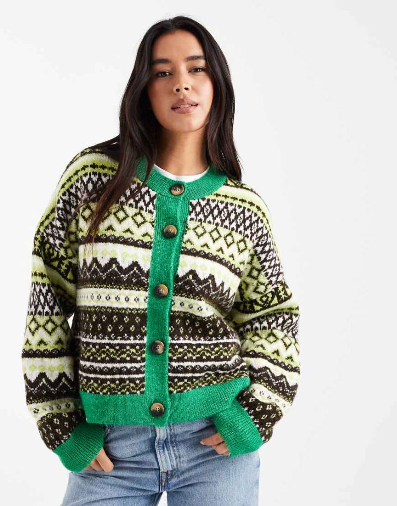 ASOS DESIGN - Strickjacke in Grün mit Norwegermuster von ASOS DESIGN
