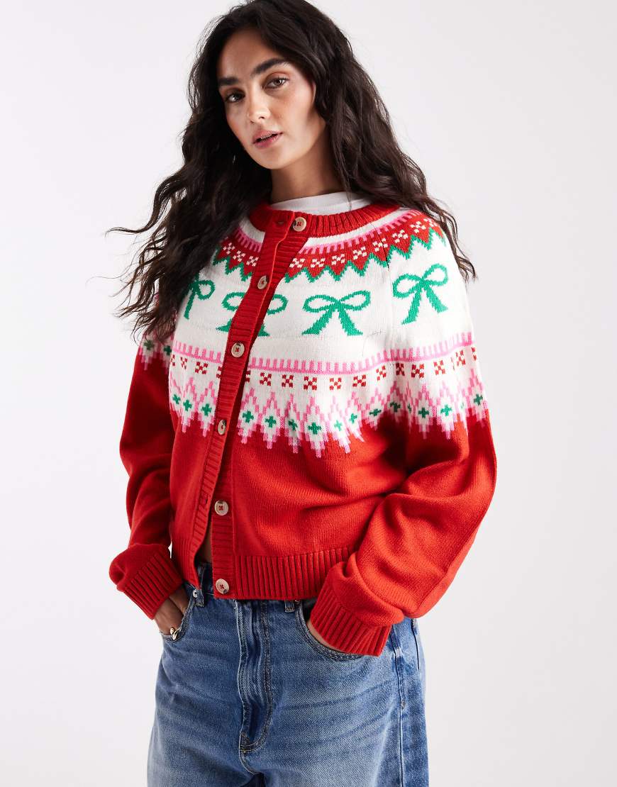 ASOS DESIGN - Strickjacke in Rot mit Passe und Schleifenmuster von ASOS DESIGN