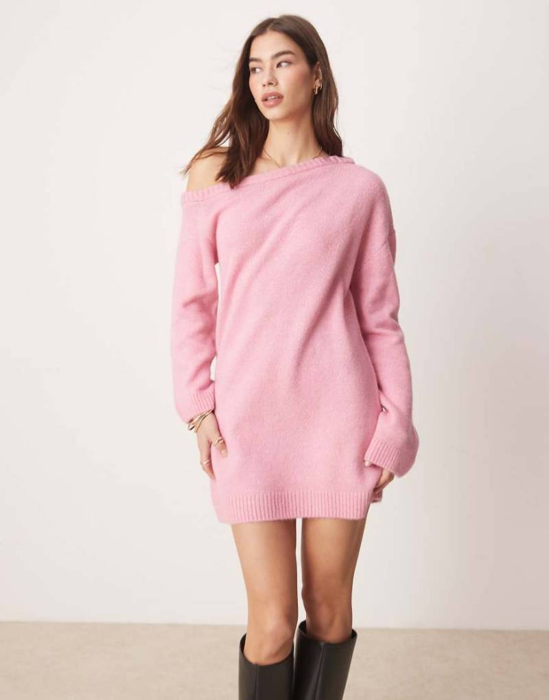 ASOS DESIGN - Strickkleid in sanftem Rosa mit One-Shoulder-Träger von ASOS DESIGN