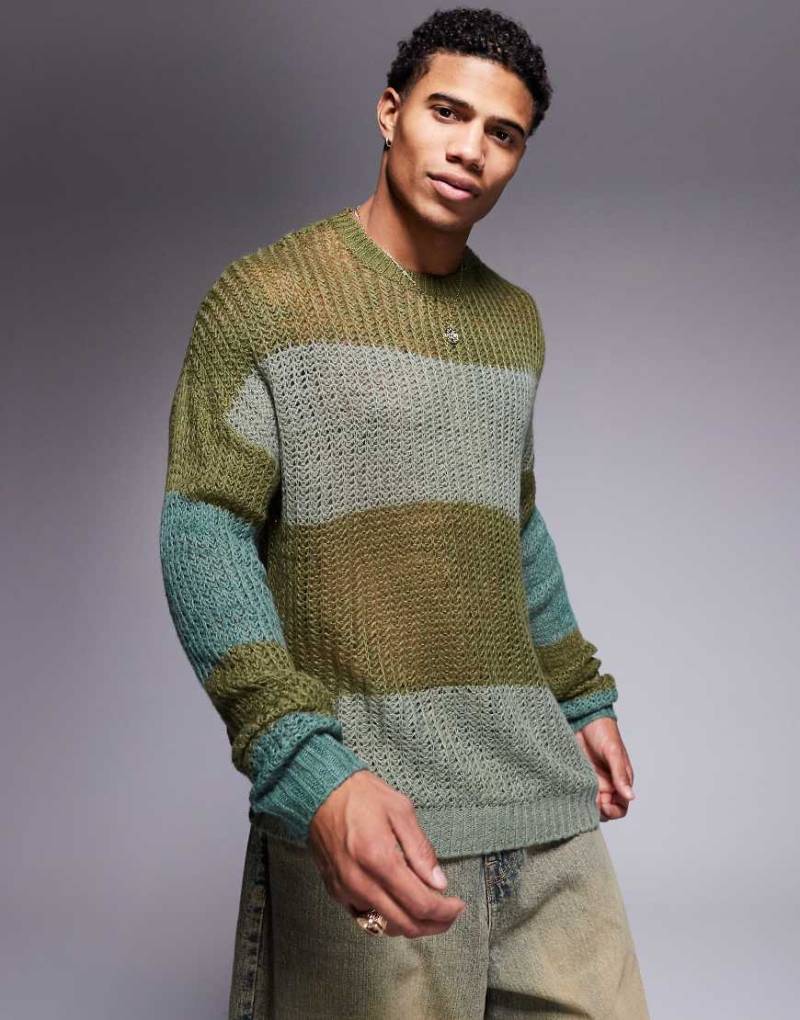 ASOS DESIGN - Strickpullover aus weitmaschigem lockerem Strick in Khaki gestreift-Grün von ASOS DESIGN
