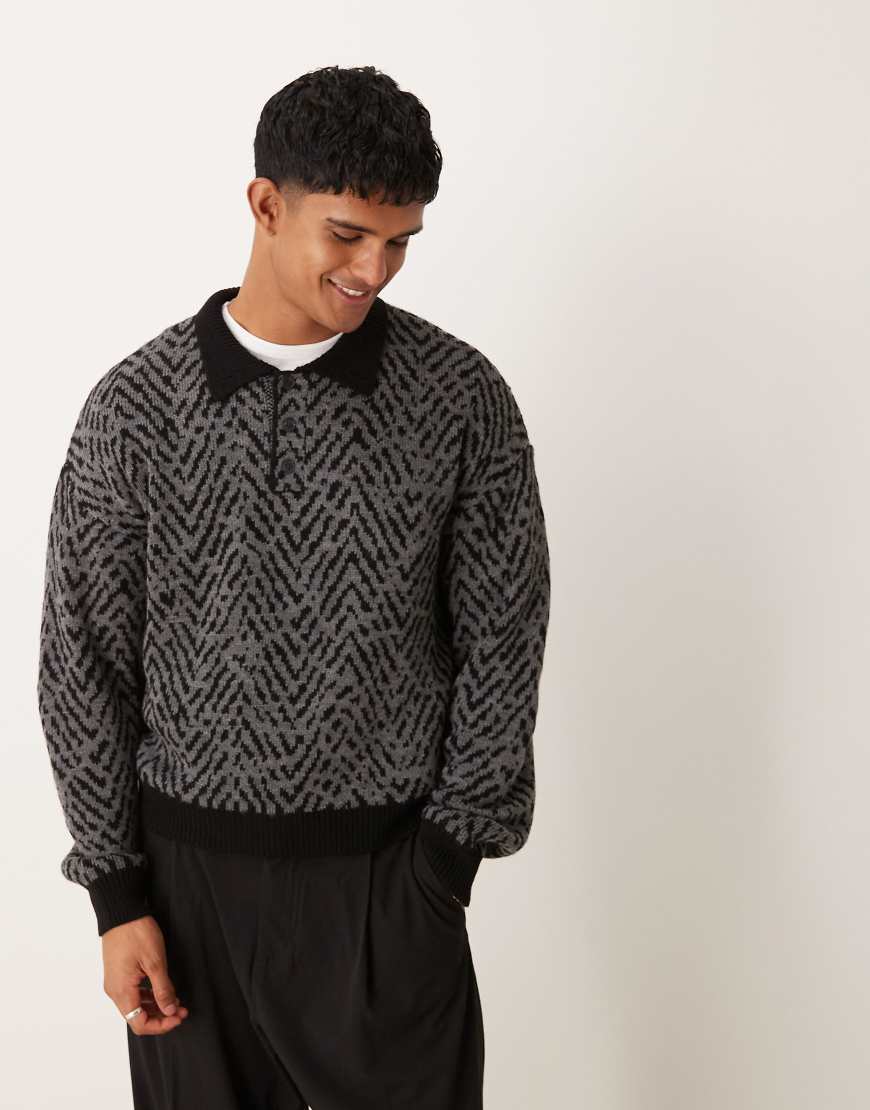 ASOS DESIGN - Strickpullover in Anthrazit mit Rippenmuster, Polokragen und lockerem, kastigem Schnitt-Grau von ASOS DESIGN