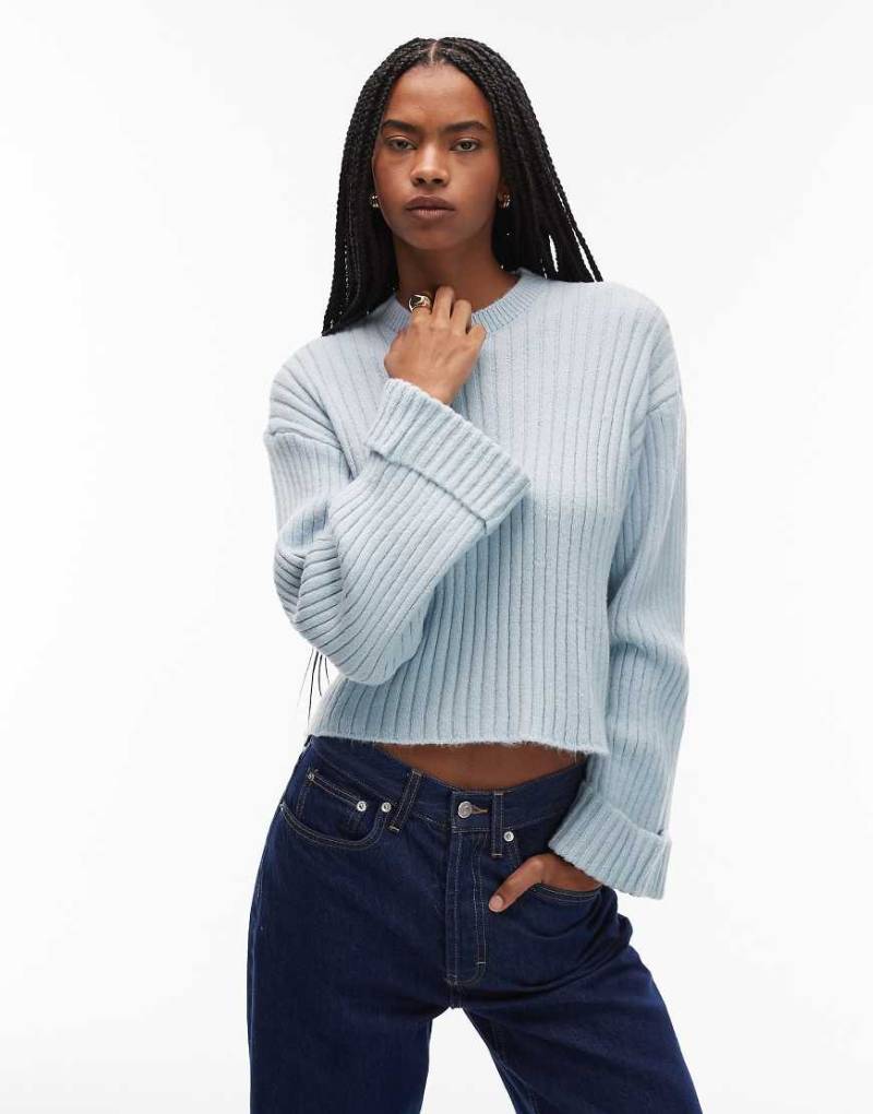 ASOS DESIGN - Strickpullover in Blau mit umgeschlagenen Bündchen von ASOS DESIGN