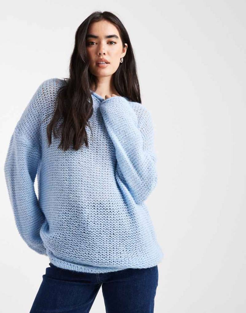 ASOS DESIGN - Strickpullover in Blau mit weitmaschigem Muster, U-Boot-Ausschnitt und Rollsaum von ASOS DESIGN