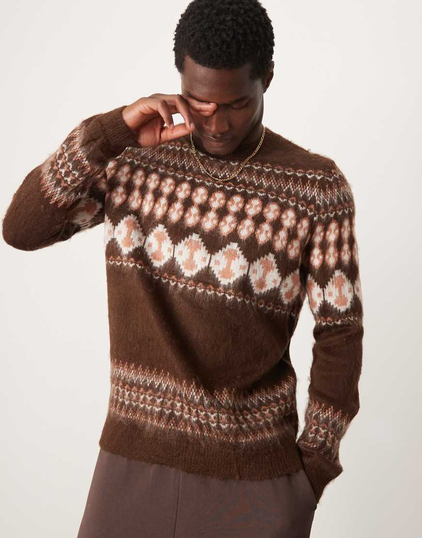 ASOS DESIGN - Strickpullover in Braun mit Rundhalsausschnitt und Norwegermuster ASOS DESIGN - Strickpullover in Braun mit Rundhalsausschnitt und Norwegermuster von ASOS DESIGN