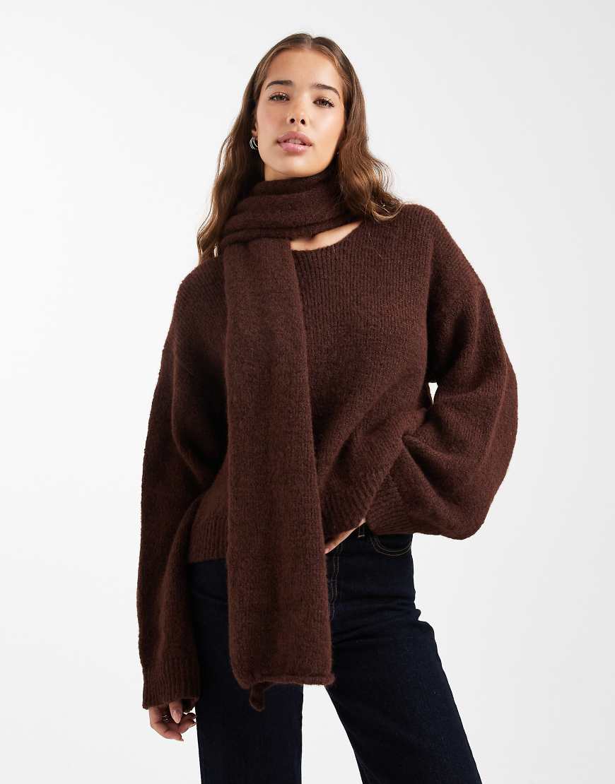 ASOS DESIGN - Strickpullover in Braun mit angenähtem Schal und Wollanteil-Brown ASOS DESIGN - Strickpullover in Braun mit angenähtem Schal und Wollanteil-Brown von ASOS DESIGN