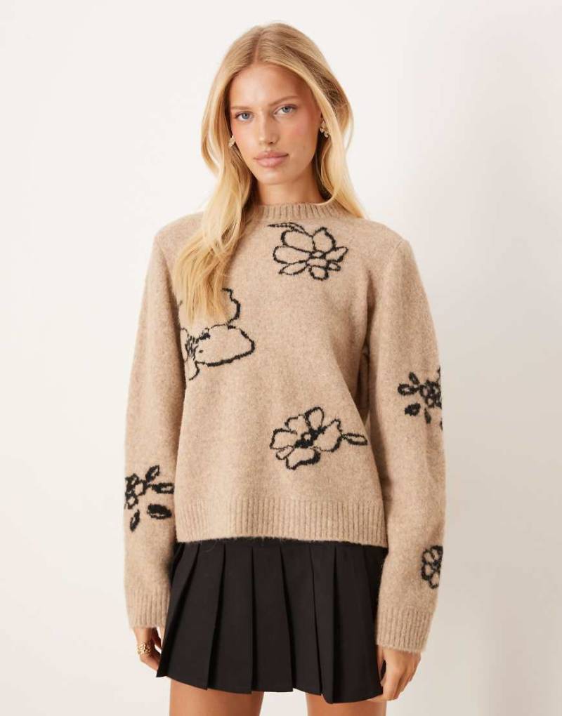 ASOS DESIGN - Strickpullover in Burgunderrot mit Blumen-Intarsien-Bunt von ASOS DESIGN