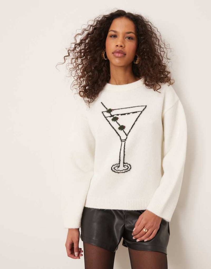 ASOS DESIGN - Strickpullover in Ecru mit Cocktail-Motiv-Weiß von ASOS DESIGN