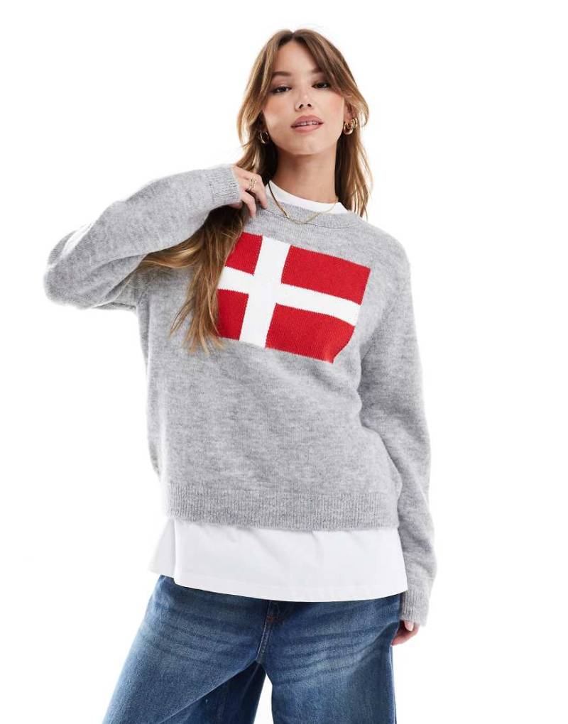 ASOS DESIGN - Strickpullover in Grau mit Flaggengrafik von ASOS DESIGN