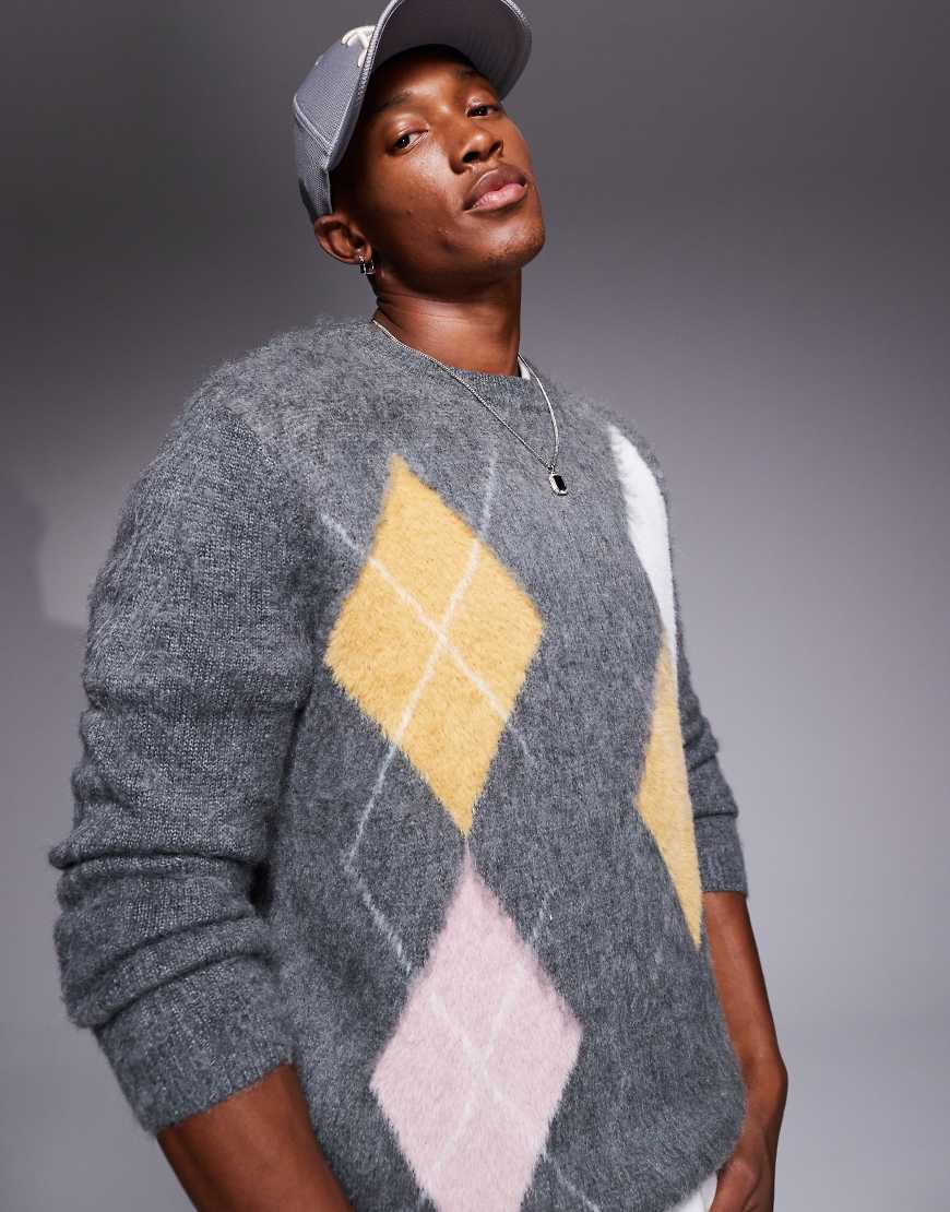 ASOS DESIGN - Strickpullover in Grau mit Rundhalsausschnitt und Argyle-Rautenmuster ASOS DESIGN - Strickpullover in Grau mit Rundhalsausschnitt und Argyle-Rautenmuster von ASOS DESIGN