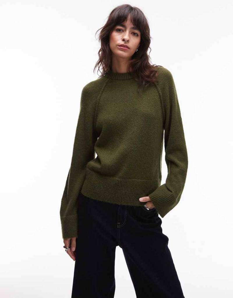 ASOS DESIGN - Strickpullover in Khaki mit Rundhalsausschnitt und Raglanärmeln-Grün von ASOS DESIGN