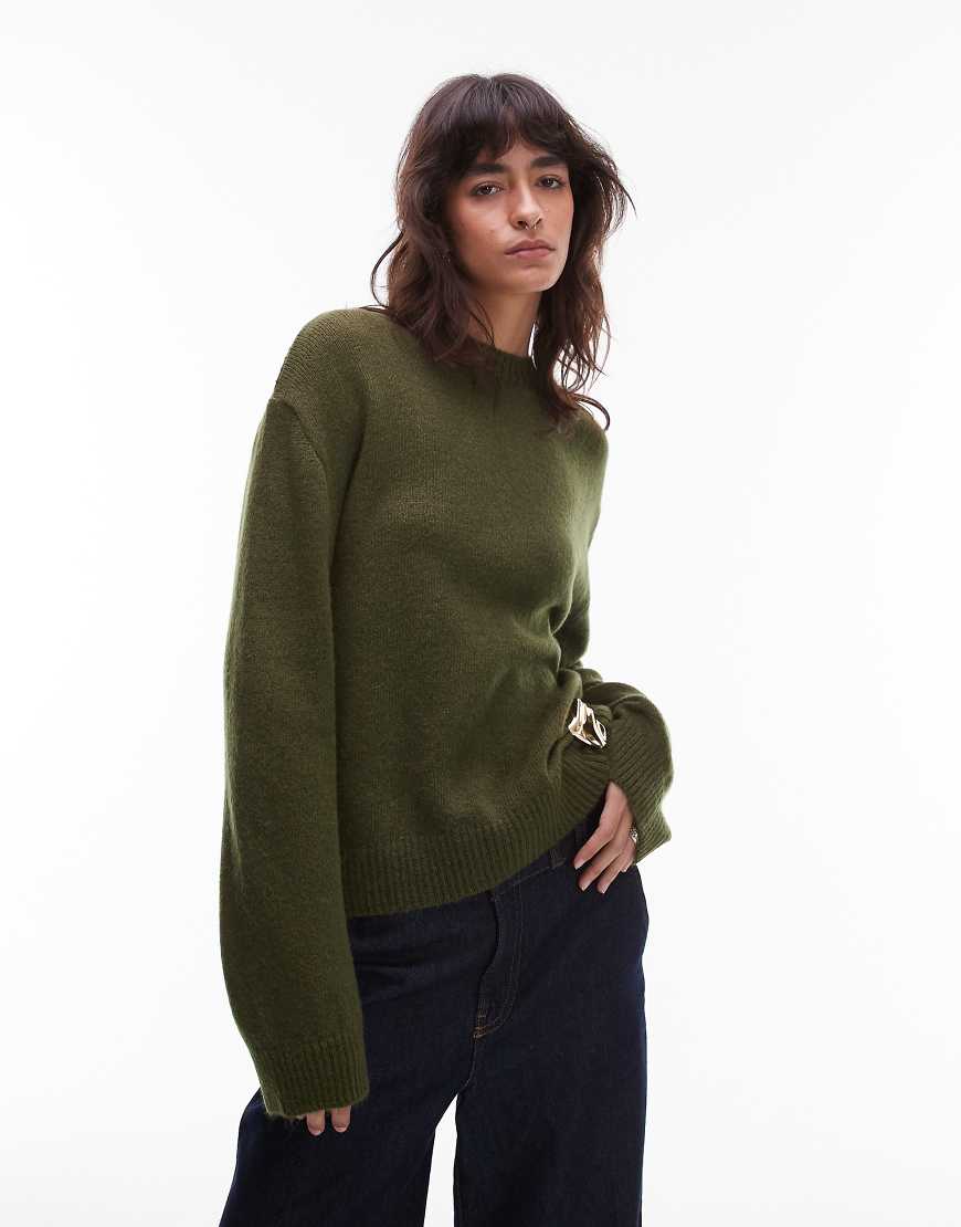 ASOS DESIGN - Strickpullover in Khaki mit Rundhalsausschnitt und goldfarbenem Metall-Detail-Grün ASOS DESIGN - Strickpullover in Khaki mit Rundhalsausschnitt und goldfarbenem Metall-Detail-Grün von ASOS DESIGN