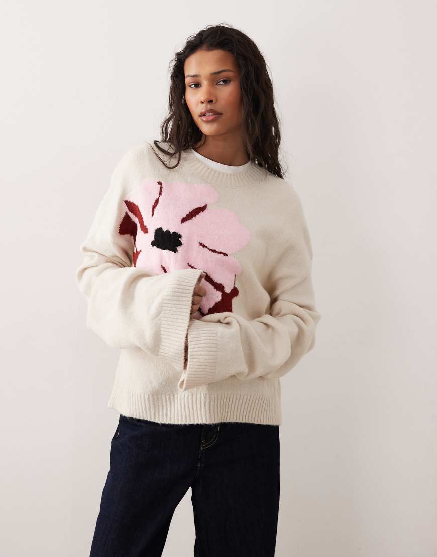 ASOS DESIGN - Strickpullover in Rosa mit Blumenmuster von ASOS DESIGN