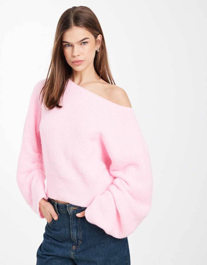 ASOS DESIGN - Strickpullover in Rosa mit gerafften Ärmeln von ASOS DESIGN