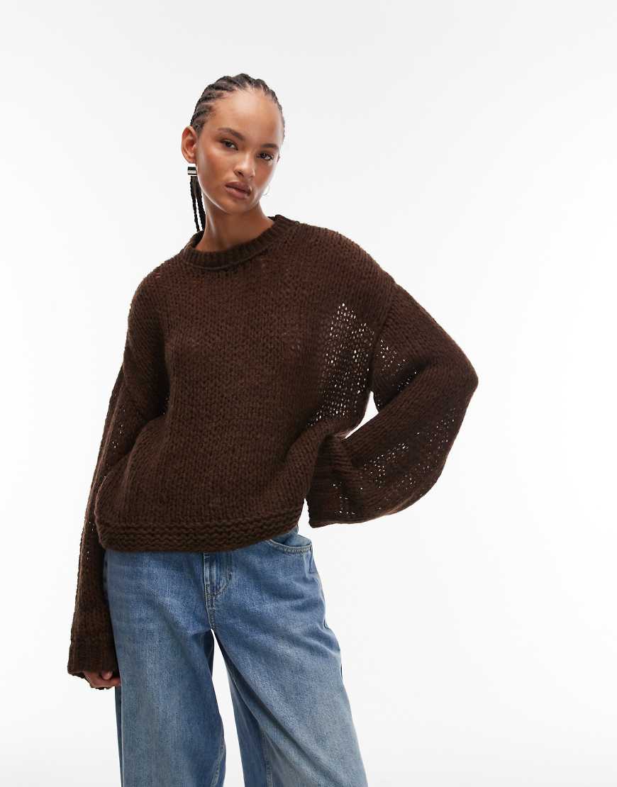 ASOS DESIGN - Strickpullover in Schokobraun mit Lochmuster und weiten Ärmeln-Brown von ASOS DESIGN