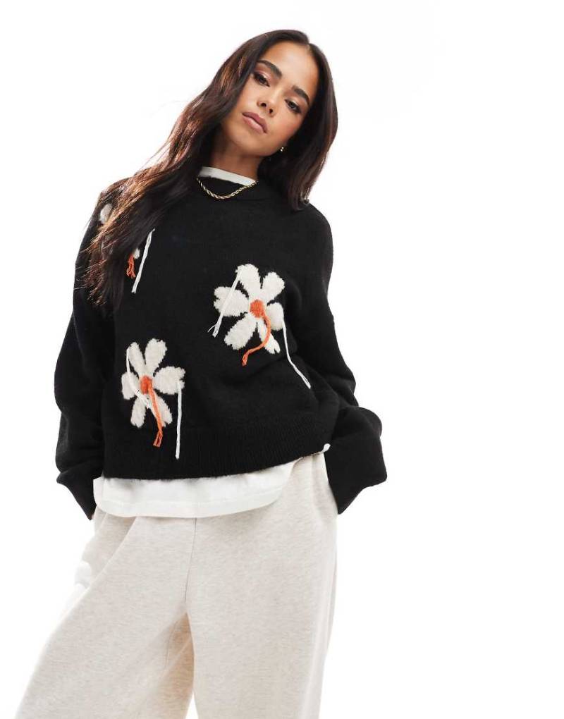 ASOS DESIGN - Strickpullover in Schwarz mit Blumenmuster mit Fransendetail-Bunt von ASOS DESIGN