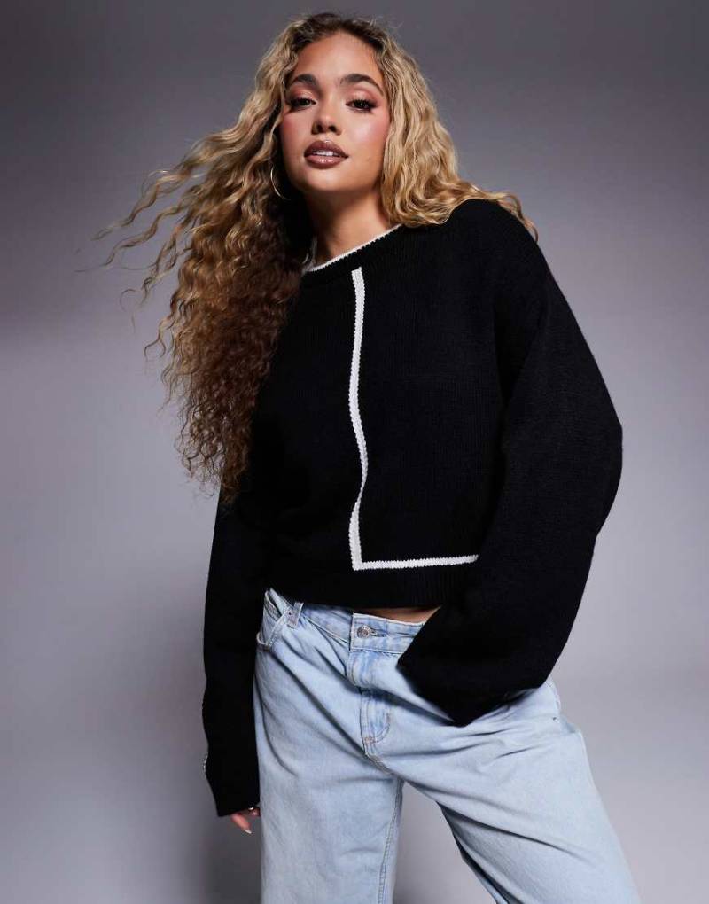 ASOS DESIGN - Strickpullover in Schwarz mit Rundhalsausschnitt und kontrastierender Paspelierung in Weiß von ASOS DESIGN