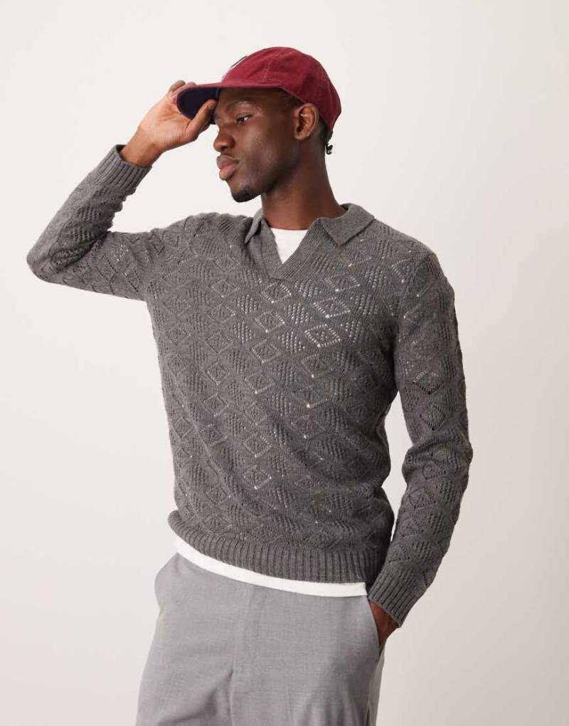 ASOS DESIGN - Strickpullover in strukturiertem Grau mit eingekerbtem Ausschnitt von ASOS DESIGN