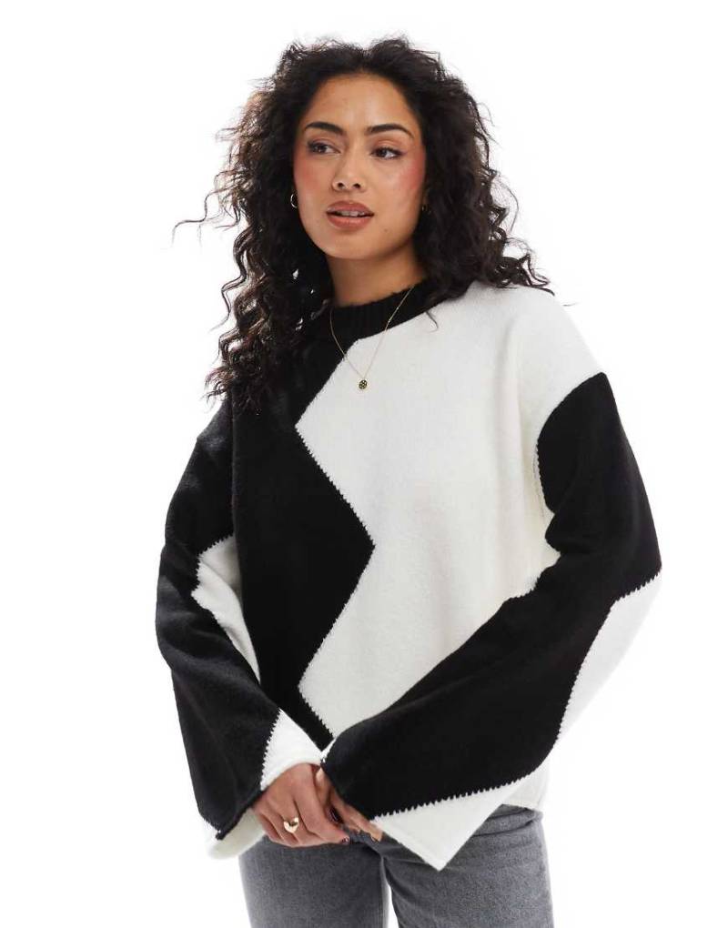 ASOS DESIGN - Strickpullover mit Farbblockdesign in Schwarz und Ecru-Bunt von ASOS DESIGN