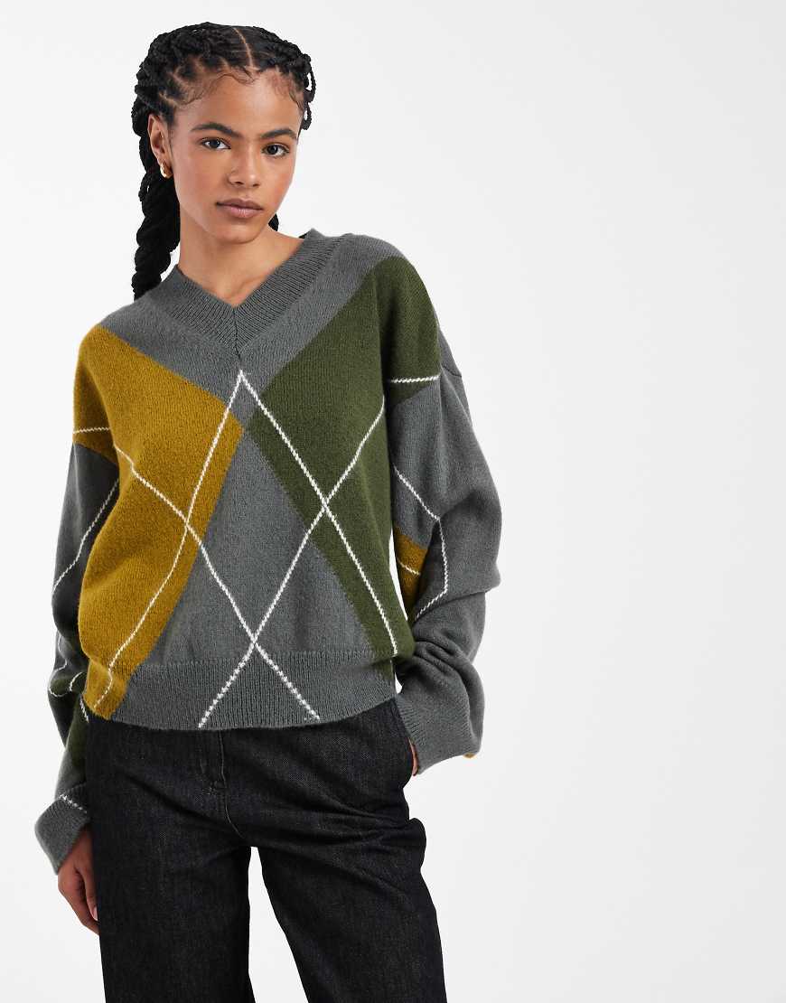 ASOS DESIGN - Strickpullover mit Rautenmuster in Grün-Bunt von ASOS DESIGN