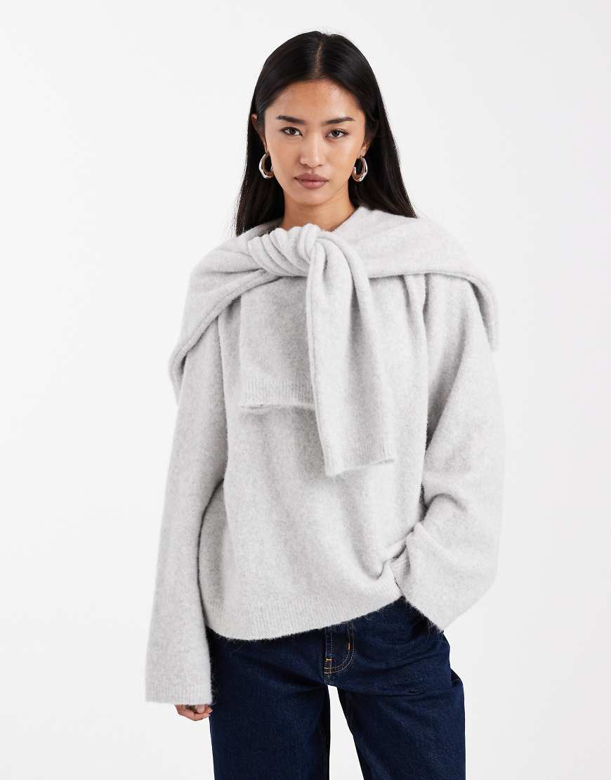 ASOS DESIGN - Strickpullover mit Wollanteil in Grau und Schaldetail von ASOS DESIGN