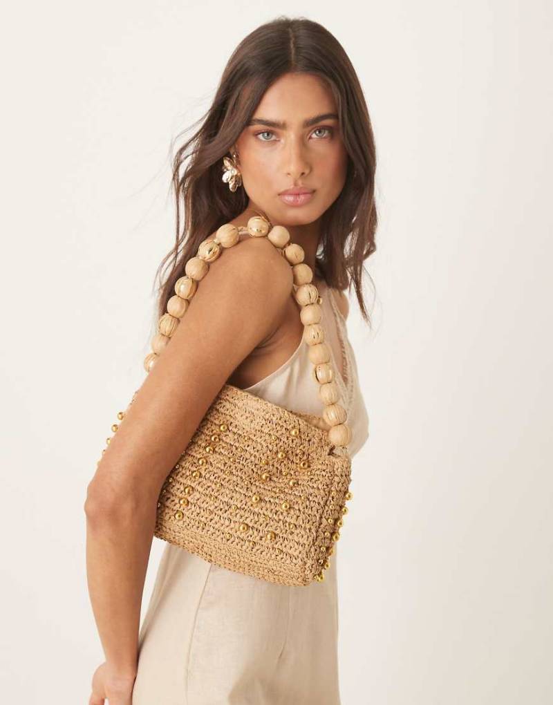 ASOS DESIGN - Stroh-Schultertasche in Neutral mit Kugelhenkel von ASOS DESIGN