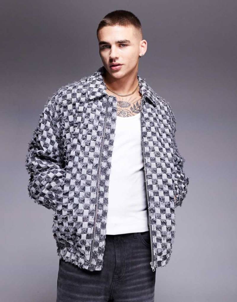 ASOS DESIGN - Strukturierte Oversize-Harrington-Jacke in Grau mit Schachbrettmuster von ASOS DESIGN