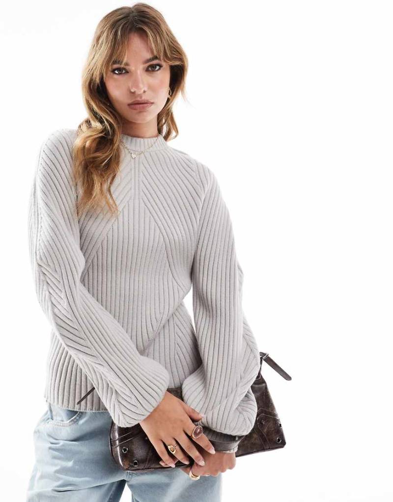 ASOS DESIGN - Strukturierter Strickpullover in Grau mit voluminösen Ärmeln und Rippenmuster von ASOS DESIGN