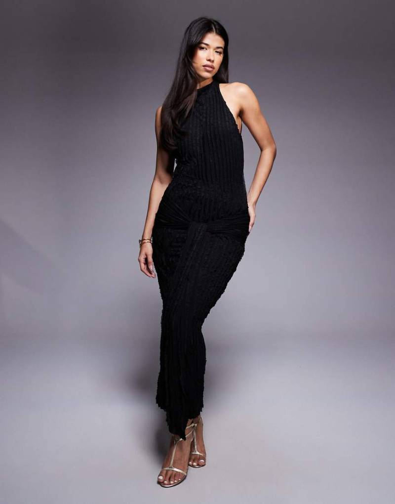 ASOS DESIGN - Strukturiertes, ärmelloses Midikleid in Schwarz mit Drapierung von ASOS DESIGN