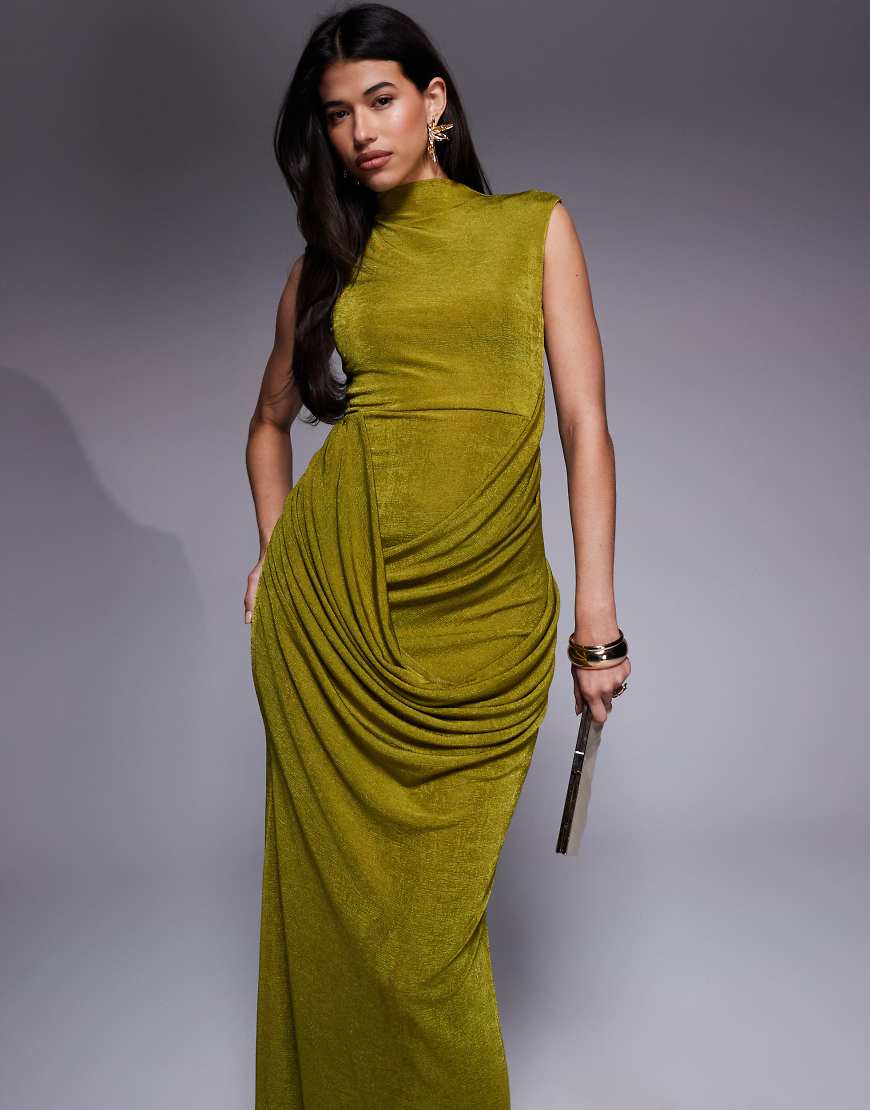 ASOS DESIGN - Strukturiertes, geschmeidiges Maxikleid in Limette mit angeschnittenen Ärmeln und Drapierung-Grün von ASOS DESIGN