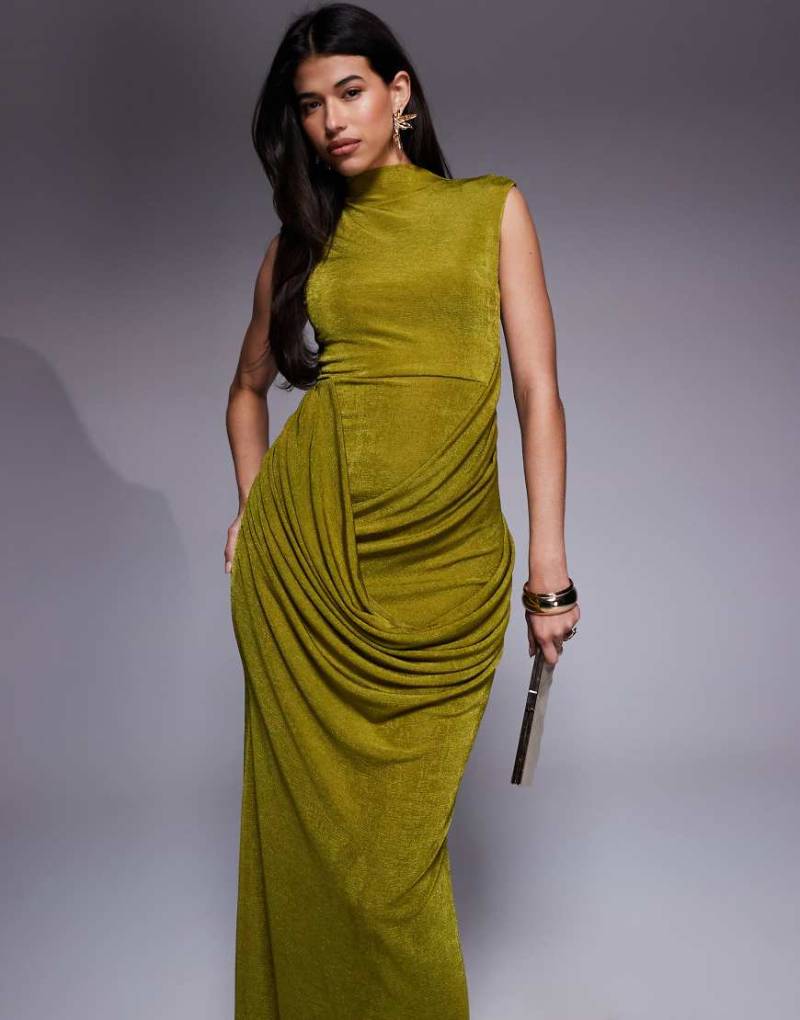 ASOS DESIGN - Strukturiertes, geschmeidiges Maxikleid in Limette mit angeschnittenen Ärmeln und Drapierung-Grün von ASOS DESIGN