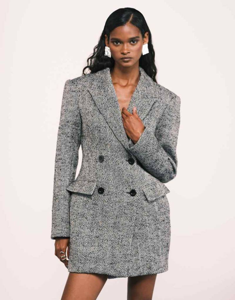 ASOS DESIGN - Strukturiertes, zweireihiges Blazer-Minikleid in Schwarz-Weiß mit Fischgrätmuster-Bunt von ASOS DESIGN