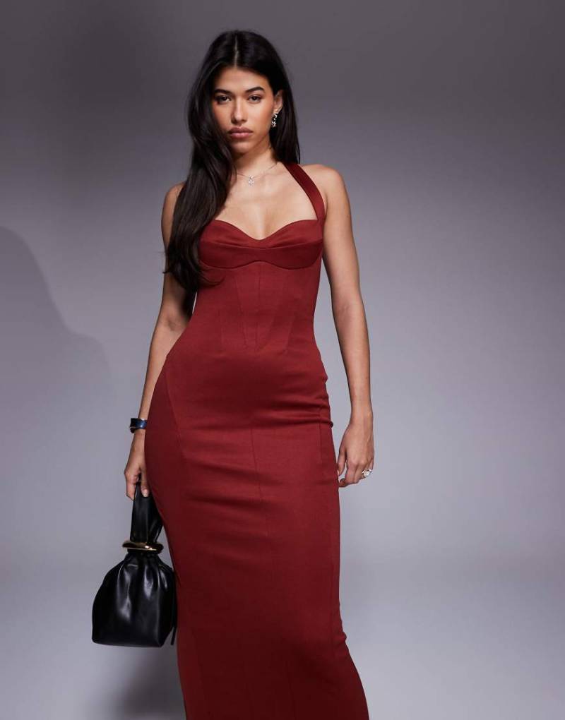 ASOS DESIGN - Strukturiertes Korsett-Midikleid in dunklem Kirschrot von ASOS DESIGN